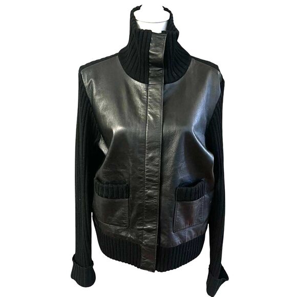 Context Womens Black Leather Wool Knit Cardigan Jacket Sz L Black Y2K Minimalist - Picture 2 of 11